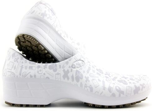 Sticky Printed Colorful Nursing Shoes - Professional Shoes for Women - Nurses Vets CNA LPN RN - Waterproof Non Slip - Comfortable Cleanable Clogs - White in Saudi Arabia