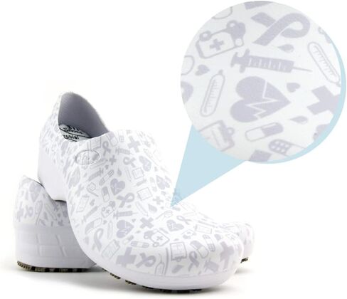 Sticky Printed Colorful Nursing Shoes - Professional Shoes for Women - Nurses Vets CNA LPN RN - Waterproof Non Slip - Comfortable Cleanable Clogs - White in Saudi Arabia