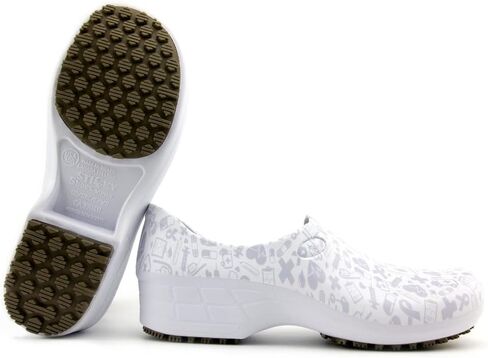 Sticky Printed Colorful Nursing Shoes - Professional Shoes for Women - Nurses Vets CNA LPN RN - Waterproof Non Slip - Comfortable Cleanable Clogs - White in Saudi Arabia