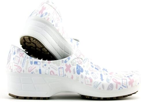 Sticky Printed Colorful Nursing Shoes - Professional Shoes for Women - Nurses Vets CNA LPN RN - Waterproof Non Slip - Comfortable Cleanable Clogs - White in Saudi Arabia