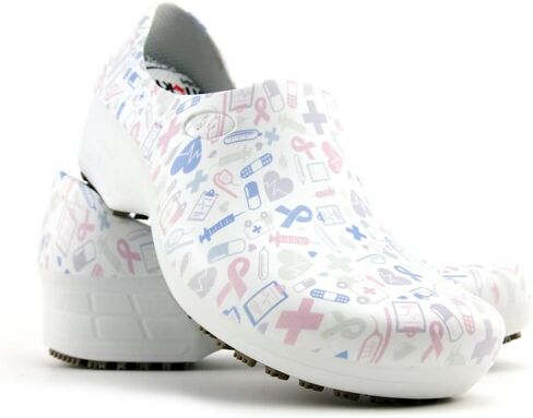 Sticky Printed Colorful Nursing Shoes - Professional Shoes for Women - Nurses Vets CNA LPN RN - Waterproof Non Slip - Comfortable Cleanable Clogs - White in Saudi Arabia