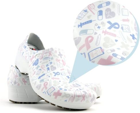 Sticky Printed Colorful Nursing Shoes - Professional Shoes for Women - Nurses Vets CNA LPN RN - Waterproof Non Slip - Comfortable Cleanable Clogs - White in Saudi Arabia