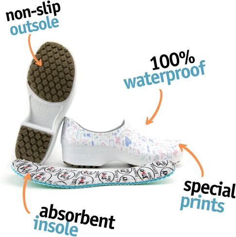 Sticky Printed Colorful Nursing Shoes - Professional Shoes for Women - Nurses Vets CNA LPN RN - Waterproof Non Slip - Comfortable Cleanable Clogs - White in Saudi Arabia