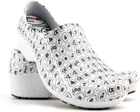 Sticky Printed Colorful Nursing Shoes - Professional Shoes for Women - Nurses Vets CNA LPN RN - Waterproof Non Slip - Comfortable Cleanable Clogs - White in Kuwait
