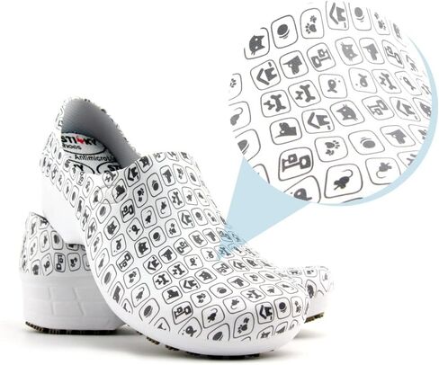Sticky Printed Colorful Nursing Shoes - Professional Shoes for Women - Nurses Vets CNA LPN RN - Waterproof Non Slip - Comfortable Cleanable Clogs - White in Kuwait