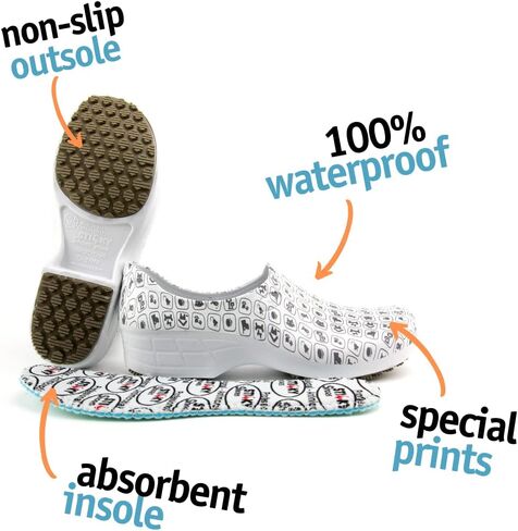 Sticky Printed Colorful Nursing Shoes - Professional Shoes for Women - Nurses Vets CNA LPN RN - Waterproof Non Slip - Comfortable Cleanable Clogs - White in Kuwait