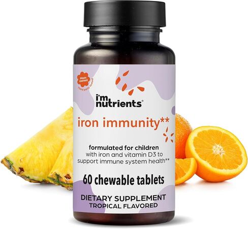 أنا مناعة الحديد العناصر الغذائية | ملحق الحديد للأطفال | الأطفال الدعم المناعي | فيتامين D3 | فيتامين ج | بنكهة طبيعية | لا مكونات اصطناعية | 60 أقراص مضغ in Kuwait