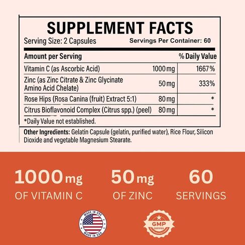 Vitamin C 1000mg with Zinc, Rose HIPS and Citrus Bioflavonoids, Immune Support Supplement Antioxidants Protection, 120 Capsules in Kuwait
