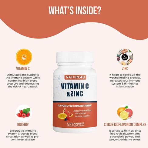 Vitamin C 1000mg with Zinc, Rose HIPS and Citrus Bioflavonoids, Immune Support Supplement Antioxidants Protection, 120 Capsules in Kuwait