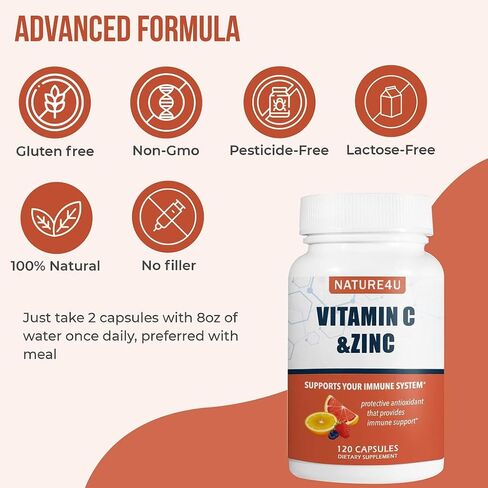 Vitamin C 1000mg with Zinc, Rose HIPS and Citrus Bioflavonoids, Immune Support Supplement Antioxidants Protection, 120 Capsules in Kuwait