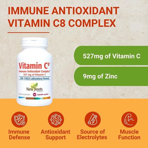 New Roots | Vitamin C8 Capsules Immune Support |527mg per Portion (90 Count) | 8 Buffered Sources of Vitamin C with Bioflavonoids, Green Tea & Zinc for Maximum Absorption & Antioxidant Defense in Kuwait
