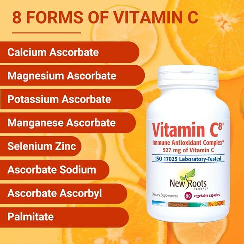 New Roots | Vitamin C8 Capsules Immune Support |527mg per Portion (90 Count) | 8 Buffered Sources of Vitamin C with Bioflavonoids, Green Tea & Zinc for Maximum Absorption & Antioxidant Defense in Kuwait