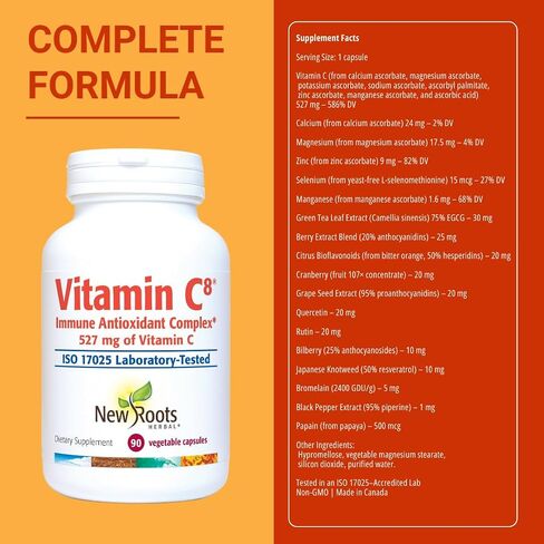 New Roots | Vitamin C8 Capsules Immune Support |527mg per Portion (90 Count) | 8 Buffered Sources of Vitamin C with Bioflavonoids, Green Tea & Zinc for Maximum Absorption & Antioxidant Defense in Kuwait