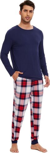 WiWi Crew Neck Men's Pajamas Set Viscose from Bamboo Lightweight Sleepwear Long Sleeve Sleep Shirt and Long Pants S-XXL in Saudi Arabia