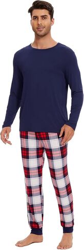 WiWi Crew Neck Men's Pajamas Set Viscose from Bamboo Lightweight Sleepwear Long Sleeve Sleep Shirt and Long Pants S-XXL in Saudi Arabia