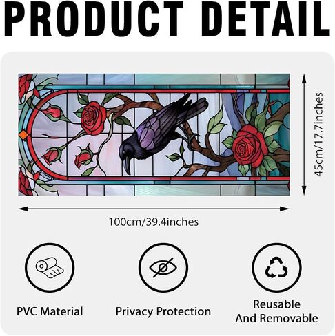 Raven and Crow Stained Glass Window Film, Decorative Raven and Crow Flower Stained Glass Window Film, Raven and Crow Flower Stained Glass Window Film for Bathroom Door Heat Anti UV in Kuwait