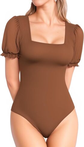 MANGOPOP Square Neck Long Sleeve Short Sleeve Bodysuit for Women Mesh Ruffle Sleeves Going Out Tops in Saudi Arabia