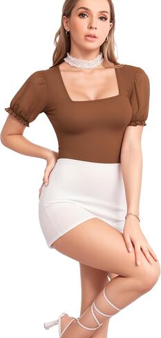 MANGOPOP Square Neck Long Sleeve Short Sleeve Bodysuit for Women Mesh Ruffle Sleeves Going Out Tops in Saudi Arabia