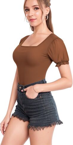 MANGOPOP Square Neck Long Sleeve Short Sleeve Bodysuit for Women Mesh Ruffle Sleeves Going Out Tops in Saudi Arabia