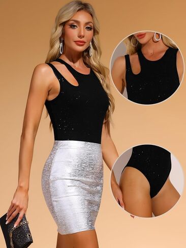 Allegra K Bodysuit Tank Tops for Women's Sexy Slim Fit Gilding Shiny Ribbed Body Suits in Saudi Arabia