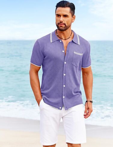 COOFANDY Men's Knit Button Down Shirt Vintage Polo Shirts Short Sleeve Summer Beach Shirts in Saudi Arabia
