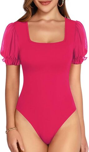 MANGOPOP Square Neck Long Sleeve Short Sleeve Bodysuit for Women Mesh Ruffle Sleeves Going Out Tops in Saudi Arabia