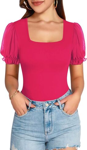 MANGOPOP Square Neck Long Sleeve Short Sleeve Bodysuit for Women Mesh Ruffle Sleeves Going Out Tops in Saudi Arabia