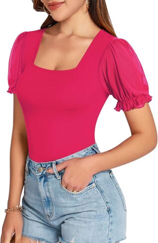 MANGOPOP Square Neck Long Sleeve Short Sleeve Bodysuit for Women Mesh Ruffle Sleeves Going Out Tops in Saudi Arabia