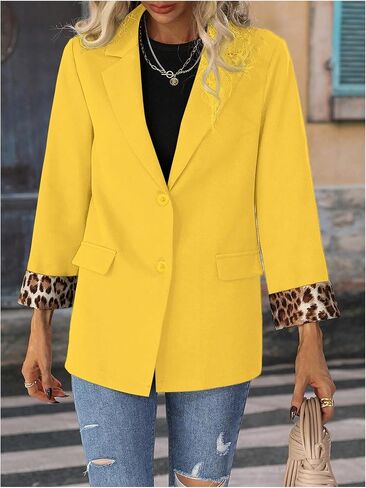 Floerns Women's Contrast Leopard Blazer Lapel Button Down Long Sleeve Office Blazer Jacket in Saudi Arabia
