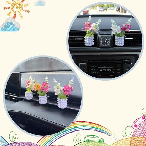 Set of 3 Cute Mini Flower Vases with Bouquet, Car Vent Clips & Air Freshener, Fresh Scent Car Decoration Accessories (marble, S) in Saudi Arabia