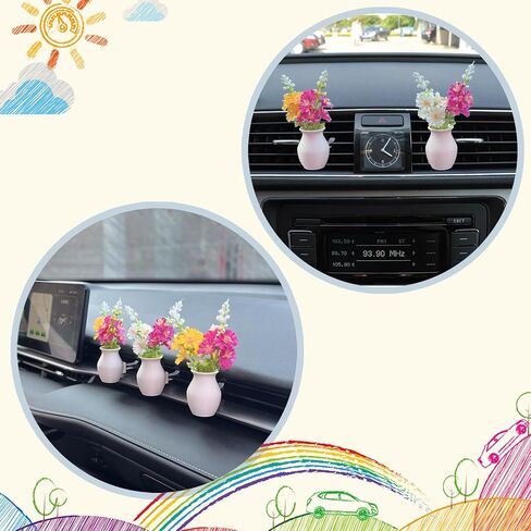 Set of 3 Cute Mini Flower Vases with Bouquet, Car Vent Clips & Air Freshener, Fresh Scent Car Decoration Accessories (marble, S) in Saudi Arabia