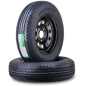 ROCKMAN Trailer Tire Wheel Assembly ST205/75R15 8-Ply D 107M 5 Lug on 5" PCD Black Mod Rim,SET 2