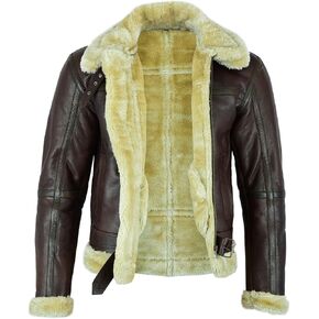 Leatherick Men Brown Aviator Real Goat Skin Leather Shearling Style Vintage Bomber Flying Jacket