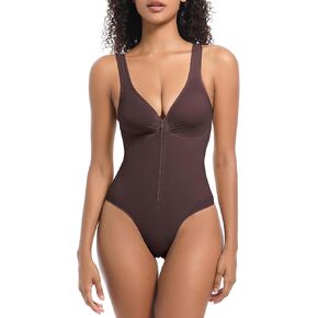 Atbuty Shapewear Bodysuit Tummy Control Zip Front Brief Seamless Sculpt Short Torso Deep V U Plunge Body Suit