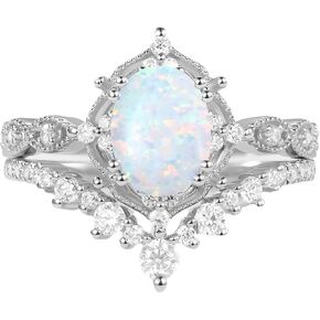 1.5ct Oval Opal Engagement Rings for Women Genuine Opal Rings Set 925 Sterling Silver 2pcs Vintage Inspired V Shaped Wedding Band Anniversary Promise Ring