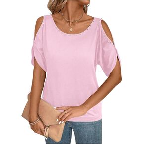 Verdusa Women's Cold Shoulder Beaded Blouse Top Elegant Summer Scoop Neck Dressy T Shirts Tops