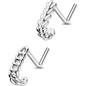 CM Crareesi Mania 2PCS Nose Studs Pack 316L Stainless Steel Chain Nose Piercing Jewelry 20G L-Shaped Stainless Steel Nose Rings Studs for Women
