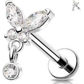 MeIighting 16G Internally Threaded Butterfly Helix Stud Stainless Steel 316L Flat Back Earring 6/8 mm Cartilage Earring Dangle Clear CZ Tragus Earring for Women