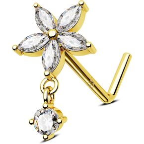 Jewseen 9K Gold Nose Rings Flower Nose Stud 20g Dangle Nose Ring CZ 20g Nose Piercing Jewelry for Women Men