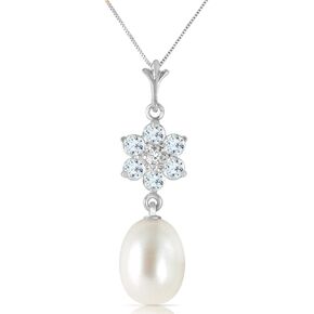 Galaxy Gold GG 14k White Gold Pearl Necklace with Aquamarine Flower