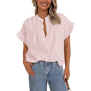 MASCOMODA Womens 2025 Button Down Shirts Ruffle Short Sleeve Loose Summer Tops Dressy Casual V Neck Business Work Blouses