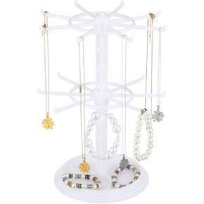 NIYANGLE 2tier Rotating Jewelry Display Rack White Earring Holder Organizer with Hooks for Necklaces Bracelets and Rings Compact Design for Organized Storage and Easy Access