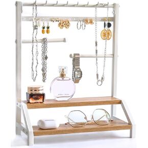 Jewelry Cologne and Watch Organizer - Dresser Organizer with Two-Tiered Shelf for Perfume, Jewelry Necklace Earring Bracelet Keys Watches Holder for Vanity Countertop Entryway Tabletop (White)