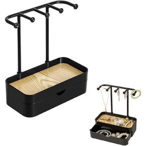 Jewelry Organizer Stand, Necklaces Holder with Wooden Tray and Drawer, Double Jewelry Display Rack Jewelry Storage Hooks for Bracelets, Earrings, Ring, Keys, Watches (Black)