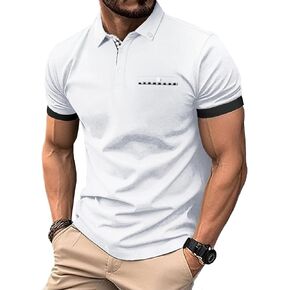 Mens Casual Short Sleeve Summer Polos Plaid Patchwork Fashion Cotton Slim T-Shirt Golf Tennis Top