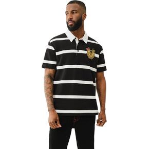 True Religion Men's SS Boxy Stiped Crest Polo - Jet Black/Optic White | Short Sleeve Polo Shirt