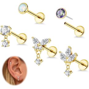5pcs 18g الفولاذ الجراحي الخالي من الخيط الغضروف لابريت مونرو أقراط للنساء تدفع في الظهر المسطحة اللولب tragus stud أقراط conch أنف ثقب المجوهرات 6/8/10mm