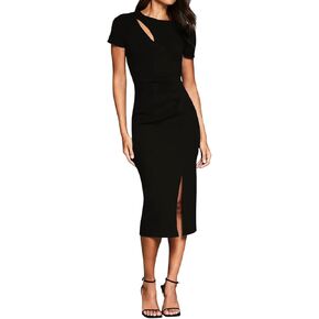 Women's Short Sleeve Work Dress with Zipper Crewneck Hollow Out Side Slit Pleated Dresses Business Casual