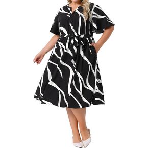 Agnes Orinda Plus Size Dress for Women Short Sleeve Notched V Neck Belt Summer Midi Dresses with Pockets