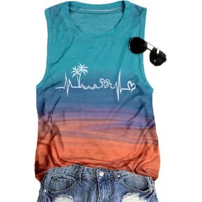 ALLTB Beach Tank Tops Women Beach Waves Sleeveless Shirt Hawaiian Ocean Vest Heartbeat Tank Summer Family Vacation Tanks